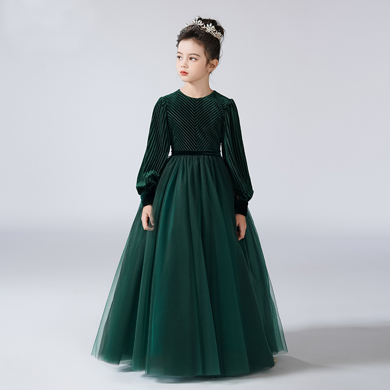 Girls Velvet Flower Girl Dress Elegant Formal Dress Lantern Long Sleeves Girls Birthday Party Dress