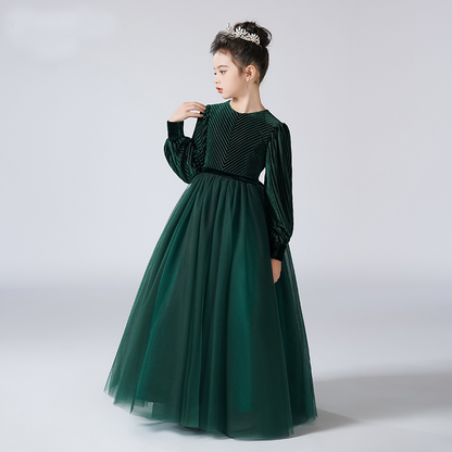 Girls Velvet Flower Girl Dress Elegant Formal Dress Lantern Long Sleeves Girls Birthday Party Dress