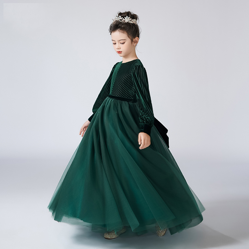 Girls Velvet Flower Girl Dress Elegant Formal Dress Lantern Long Sleeves Girls Birthday Party Dress