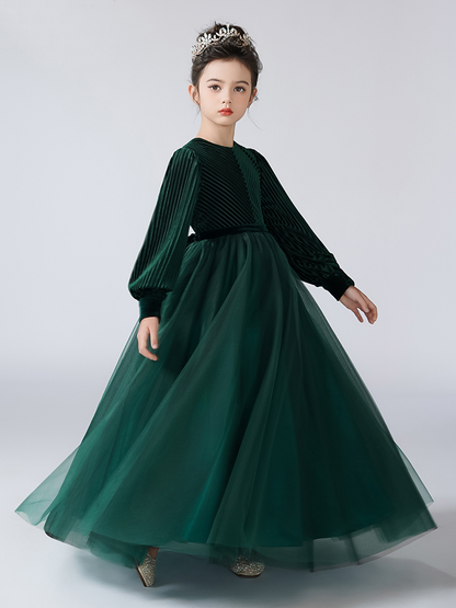 Girls Velvet Flower Girl Dress Elegant Formal Dress Lantern Long Sleeves Girls Birthday Party Dress