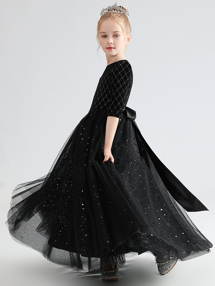 Black Red Velvet Dress For Girls Fancy Shining Stars Dresses Big Bow Girls Party Dresses Tulle Floor Length