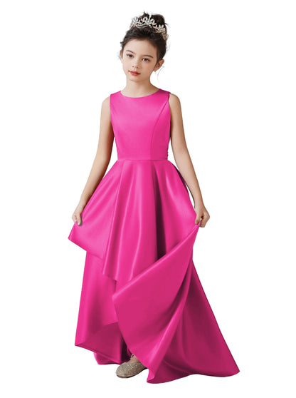 Satin Flower Girls Dress Sleeveless Hi-Lo Girls Party Dresses Formal Special Occasion Dress Wedding Junior Bridesmaid Dress Prom Ball Gown