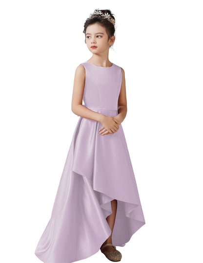 Satin Flower Girls Dress Sleeveless Hi-Lo Girls Party Dresses Formal Special Occasion Dress Wedding Junior Bridesmaid Dress Prom Ball Gown