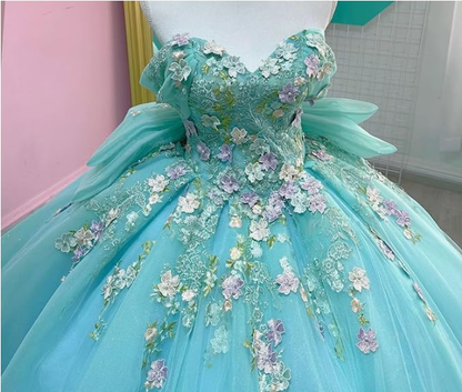 2025 3D Flower Tulle Sweatheart Quinceanera Dresses Big Bow Homecoming Dress Long Sweet 16 Dresses Tulle Lace Appliques Prom Ball Gown