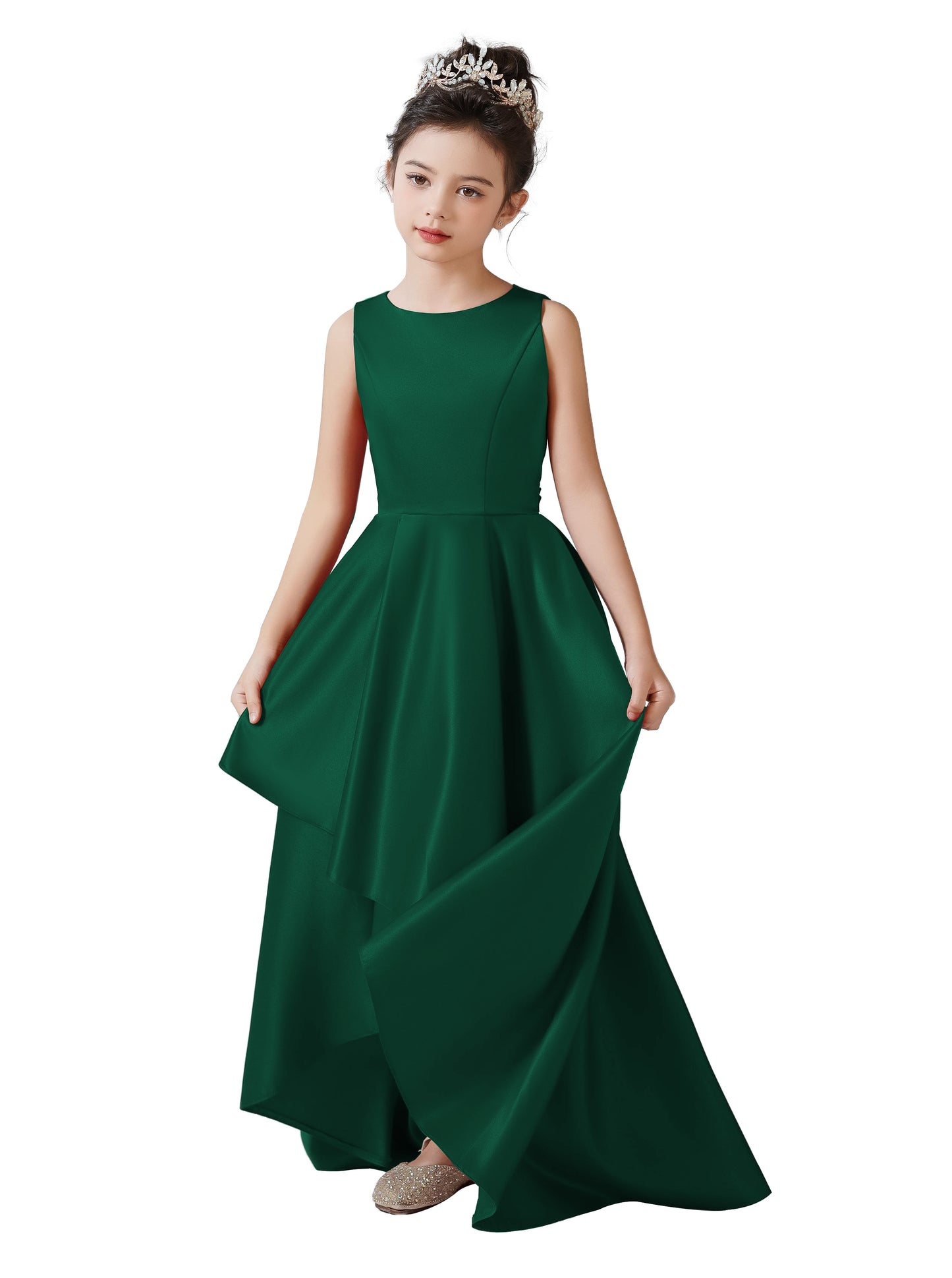 Satin Flower Girls Dress Sleeveless Hi-Lo Girls Party Dresses Formal Special Occasion Dress Wedding Junior Bridesmaid Dress Prom Ball Gown