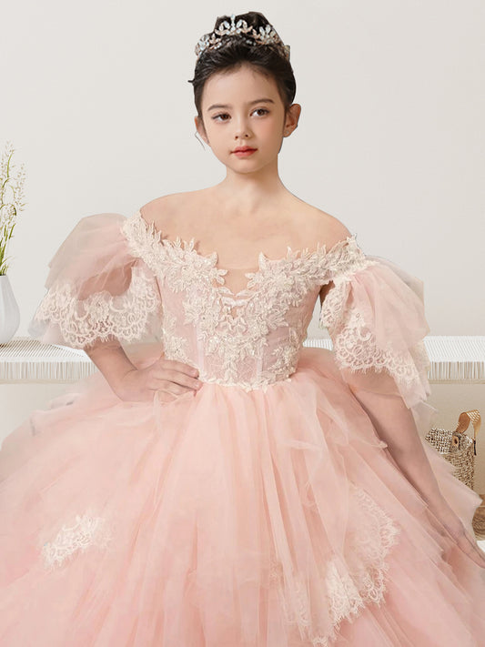 Flower Girl Dresses Lace Appliqued Puffy Sleeves Floor Length Long Train Princess Dresses