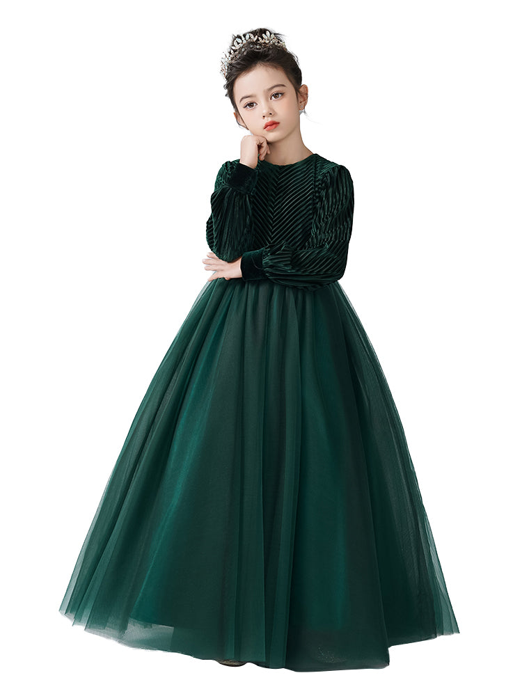 Girls Velvet Flower Girl Dress Elegant Formal Dress Lantern Long Sleeves Girls Birthday Party Dress