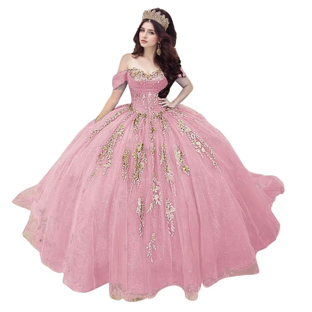 2025 Gold Beaded Lace Puffy Tulle Satin Quinceanera Dresses Big Bow Long Off Shoudler Ball Gown Sweet 16 Dresses Fancy Homecoming Dress Pageant Dress