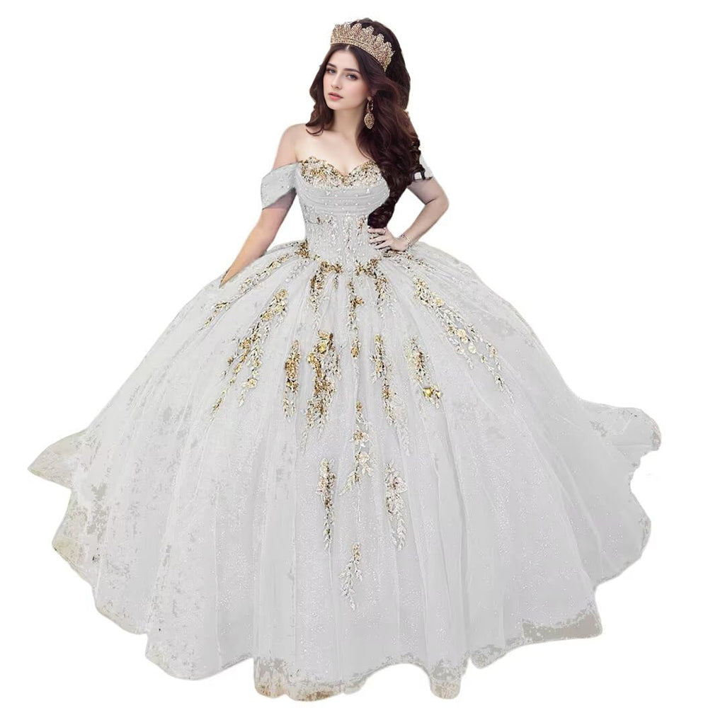 2025 Gold Beaded Lace Puffy Tulle Satin Quinceanera Dresses Big Bow Long Off Shoudler Ball Gown Sweet 16 Dresses Fancy Homecoming Dress Pageant Dress