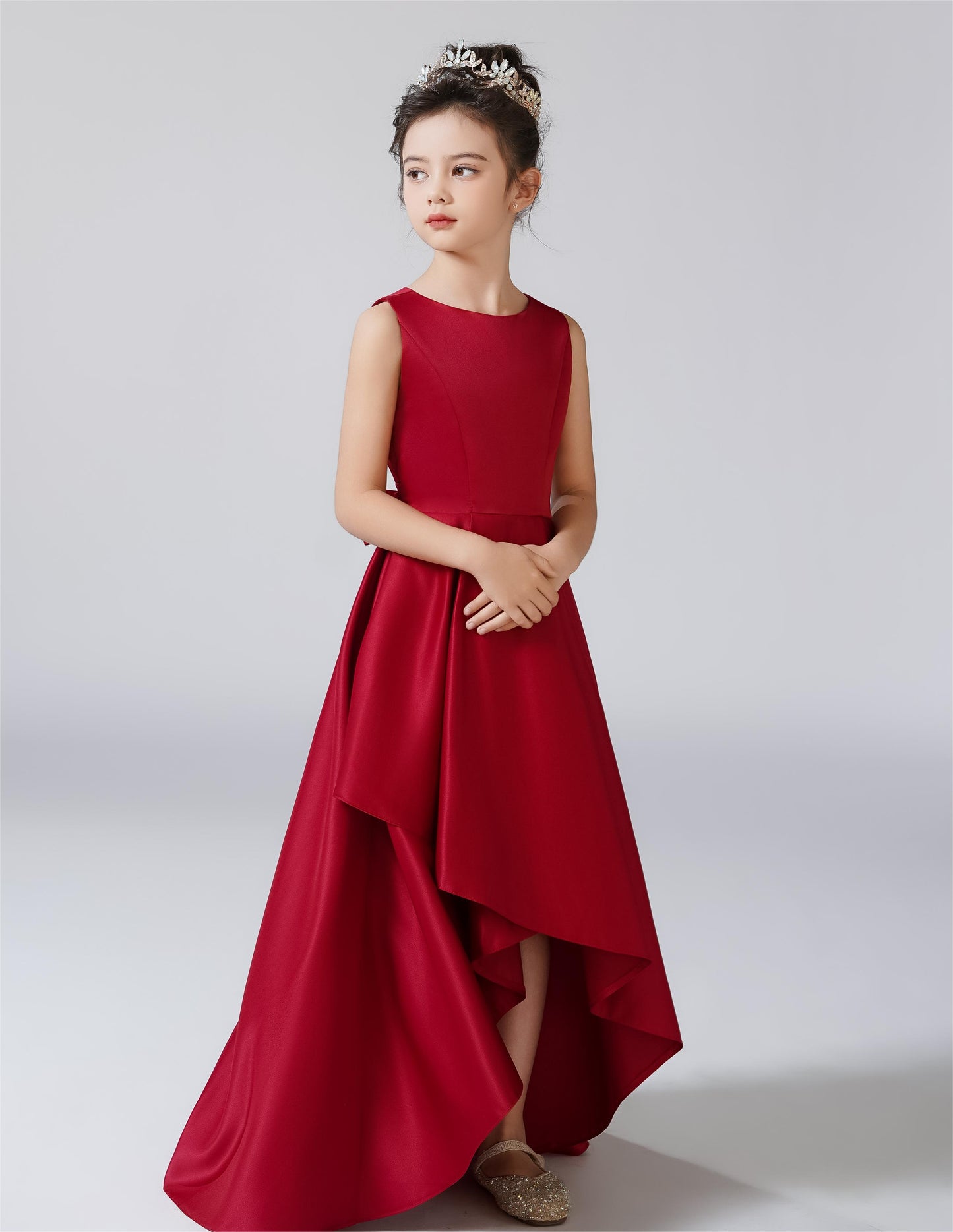 Satin Flower Girls Dress Sleeveless Hi-Lo Girls Party Dresses Formal Special Occasion Dress Wedding Junior Bridesmaid Dress Prom Ball Gown