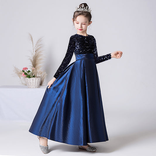 Crew Neck Long Sleeves Sequins Dresses Shining Flower Girls Dress Sparkling Piano Recital Dresses Elegant Satin Party Gown