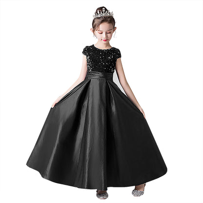 Satin Junior Bridesmaid Dresses Sequins Flower Girls Formal Crew Neck Pageant Dresses For Teens Satin Princess Brithday Party Dress