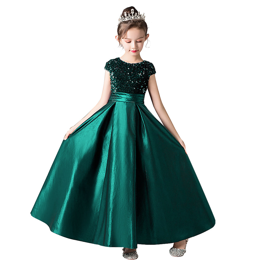 Satin Junior Bridesmaid Dresses Sequins Flower Girls Formal Crew Neck Pageant Dresses For Teens Satin Princess Brithday Party Dress