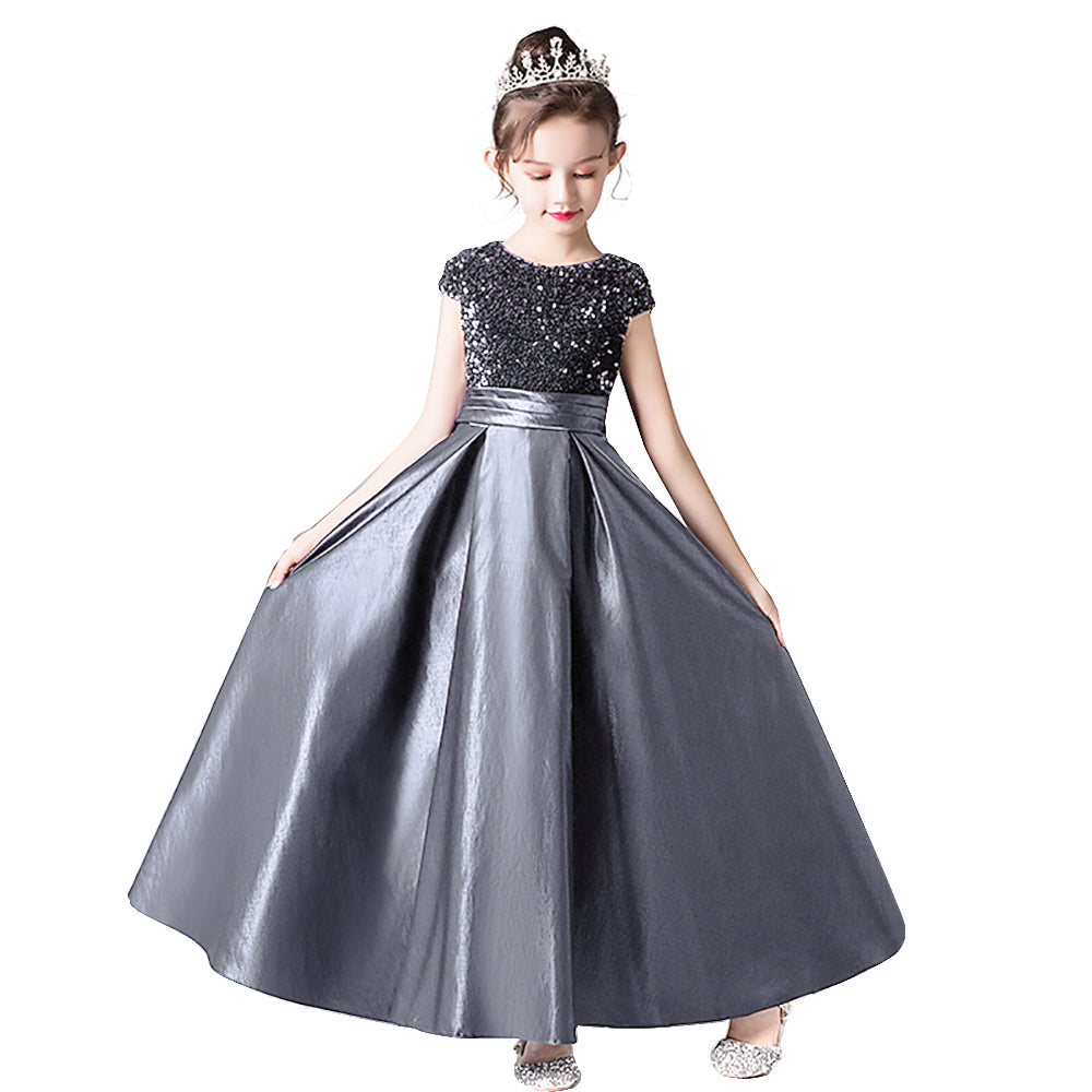 Satin Junior Bridesmaid Dresses Sequins Flower Girls Formal Crew Neck Pageant Dresses For Teens Satin Princess Brithday Party Dress