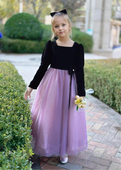 Velvet Tulle Flower Girl Dress for Wedding Girls First Communion Dress Long Sleeves Birthday Party Dress Prom Ball Gown