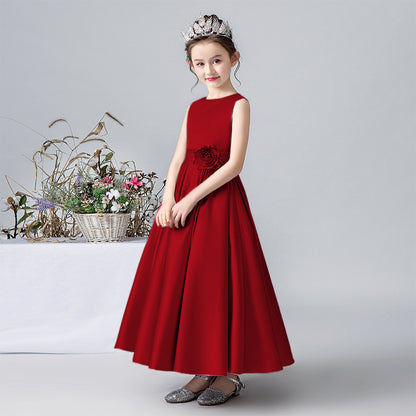 Satin Formal Dress For Girls Flower Belt Girls Evening Party Dress Sleeveless Long Dress First Communion Dress