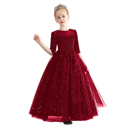 Black Red Velvet Dress For Girls Fancy Shining Stars Dresses Big Bow Girls Party Dresses Tulle Floor Length