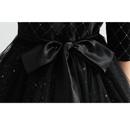 Black Red Velvet Dress For Girls Fancy Shining Stars Dresses Big Bow Girls Party Dresses Tulle Floor Length