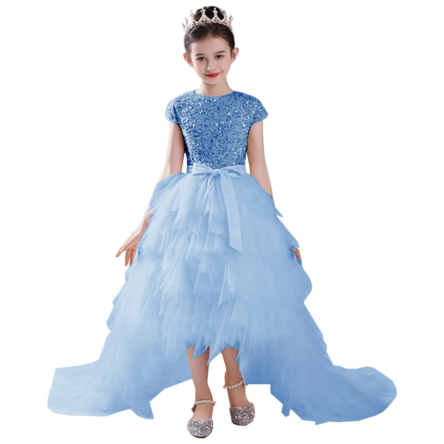 Junior Bridesmaid Dress Sequin Pageant Dress Puff Hi-Lo Birthday Party Dress For Little Girls Detachable Trailing Gown