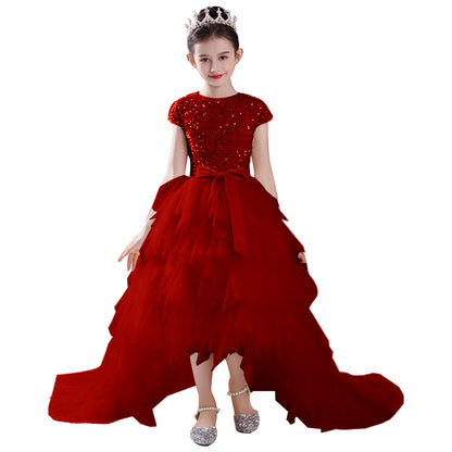 Junior Bridesmaid Dress Sequin Pageant Dress Puff Hi-Lo Birthday Party Dress For Little Girls Detachable Trailing Gown