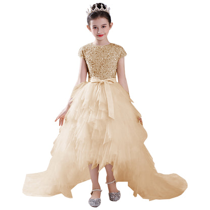 Junior Bridesmaid Dress Sequin Pageant Dress Puff Hi-Lo Birthday Party Dress For Little Girls Detachable Trailing Gown