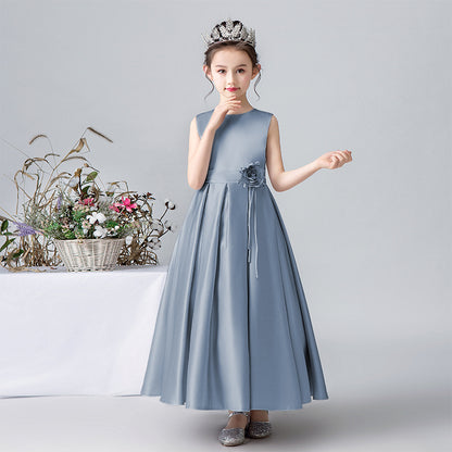 Satin Formal Dress For Girls Flower Belt Girls Evening Party Dress Sleeveless Long Dress First Communion Dress