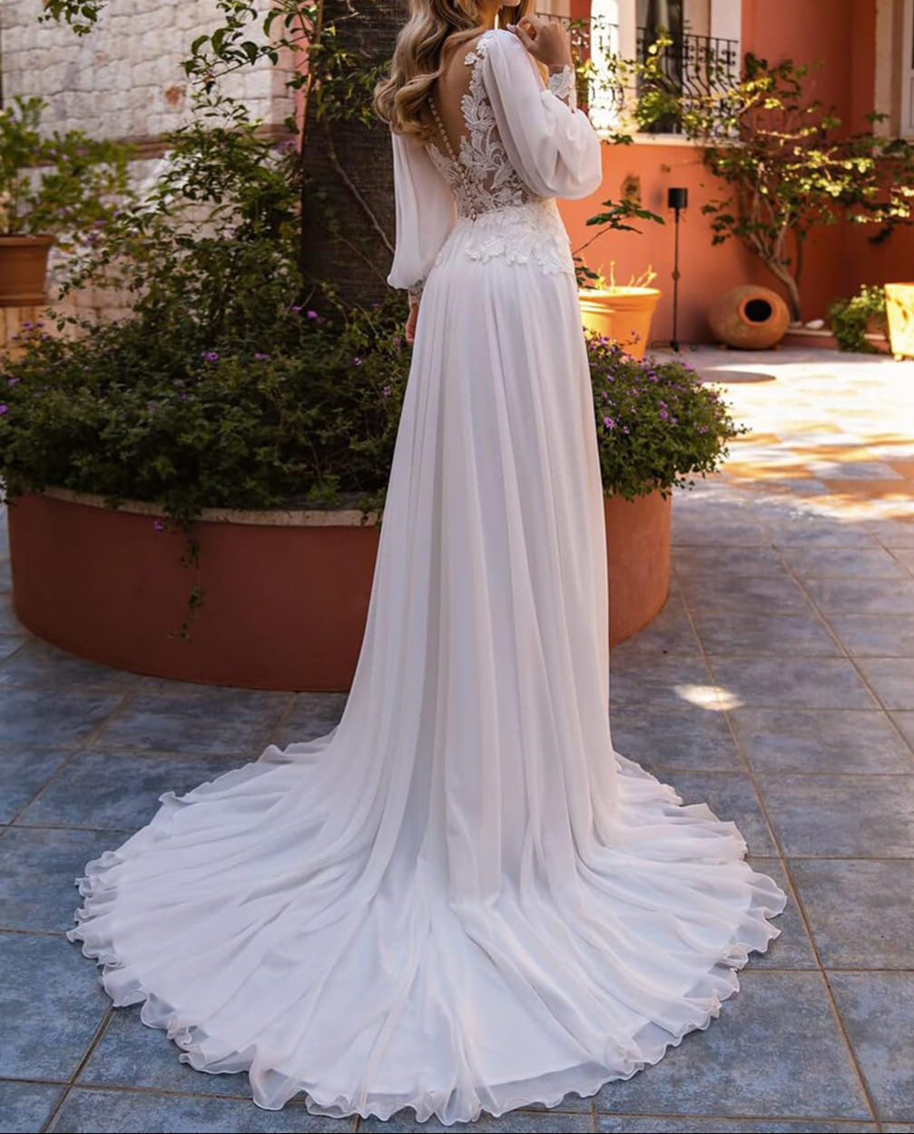 Chiffon Lace Wedding Dress Elegant Lace Appliqued Women Bridal Boho Beach Wedding Gowns