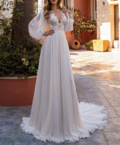 Chiffon Lace Wedding Dress Elegant Lace Appliqued Women Bridal Boho Beach Wedding Gowns