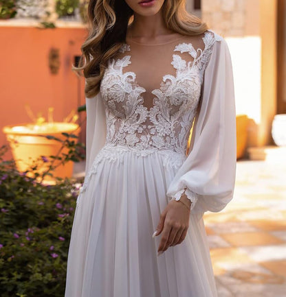 Chiffon Lace Wedding Dress Elegant Lace Appliqued Women Bridal Boho Beach Wedding Gowns