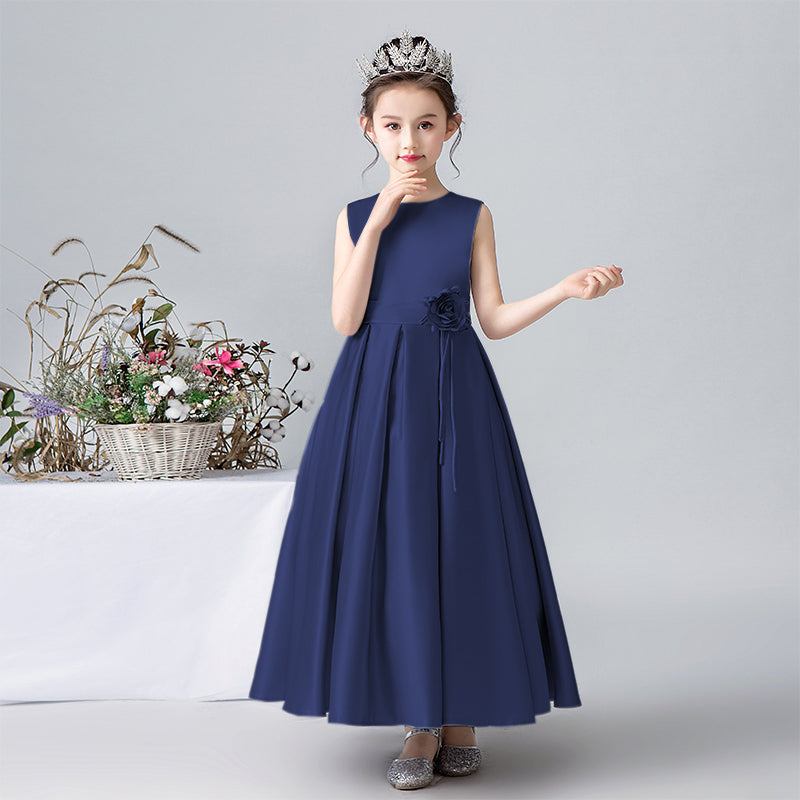 Satin Formal Dress For Girls Flower Belt Girls Evening Party Dress Sleeveless Long Dress First Communion Dress