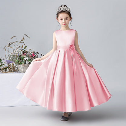 Satin Formal Dress For Girls Flower Belt Girls Evening Party Dress Sleeveless Long Dress First Communion Dress