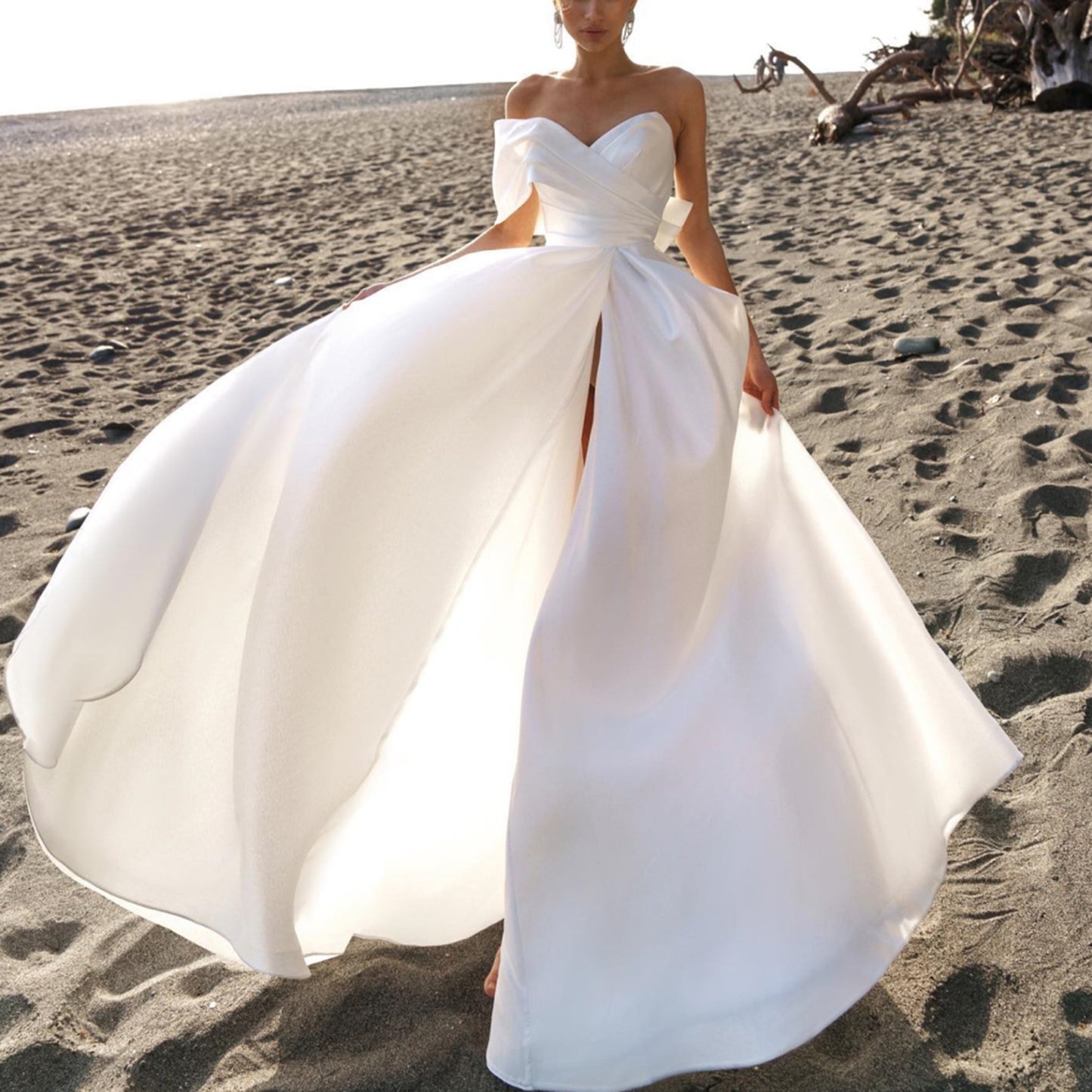 2025 Elegant Wedding Dress Satin Bridal Gown Women White Modern Sleeveless High Slit Wedding Dress