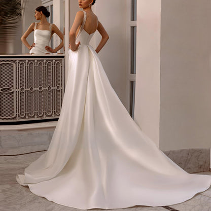 2025 Elegant Satin Wedding Dress Long Detachable Train Bridal Gown Pearl Applique Women Sleeveless Wedding Gown