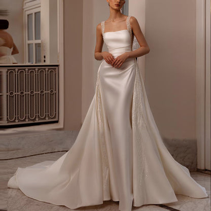 2025 Elegant Satin Wedding Dress Long Detachable Train Bridal Gown Pearl Applique Women Sleeveless Wedding Gown