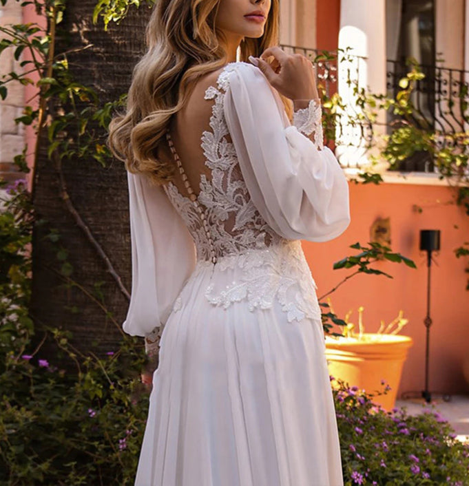 Chiffon Lace Wedding Dress Elegant Lace Appliqued Women Bridal Boho Beach Wedding Gowns