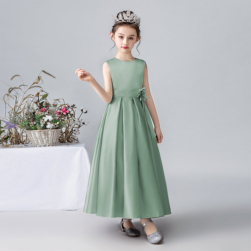 Satin Formal Dress For Girls Flower Belt Girls Evening Party Dress Sleeveless Long Dress First Communion Dress