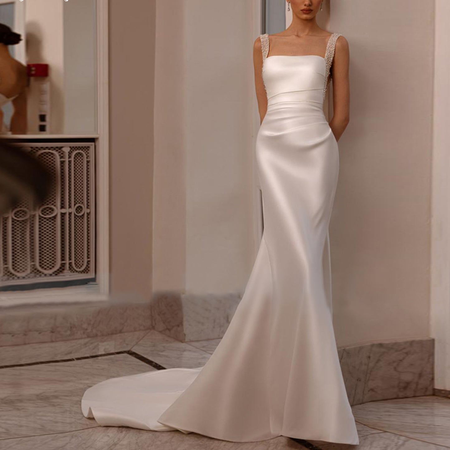 2025 Elegant Satin Wedding Dress Long Detachable Train Bridal Gown Pearl Applique Women Sleeveless Wedding Gown