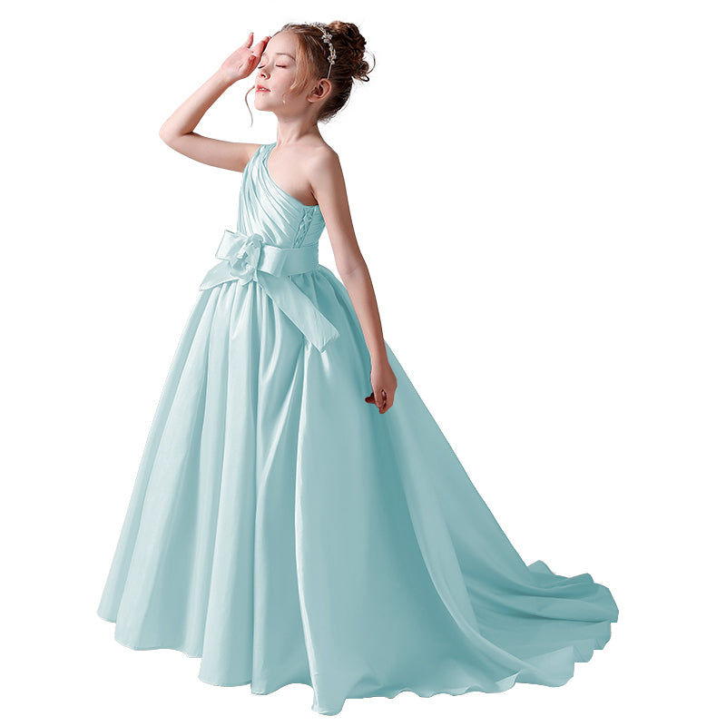 Girls Pageant Dresses One Shoulder Sleeveless Formal Satin Flower Girls Dress for Wedding Princess Ball Gown Flower Belt Dress