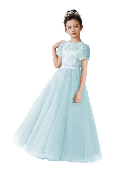 3D Flowers Embroidery Lace Appliqued Puff Tulle Wedding Guest Dress for Girls Tulle Puffy Sleeves Girls Birthday Party Dress