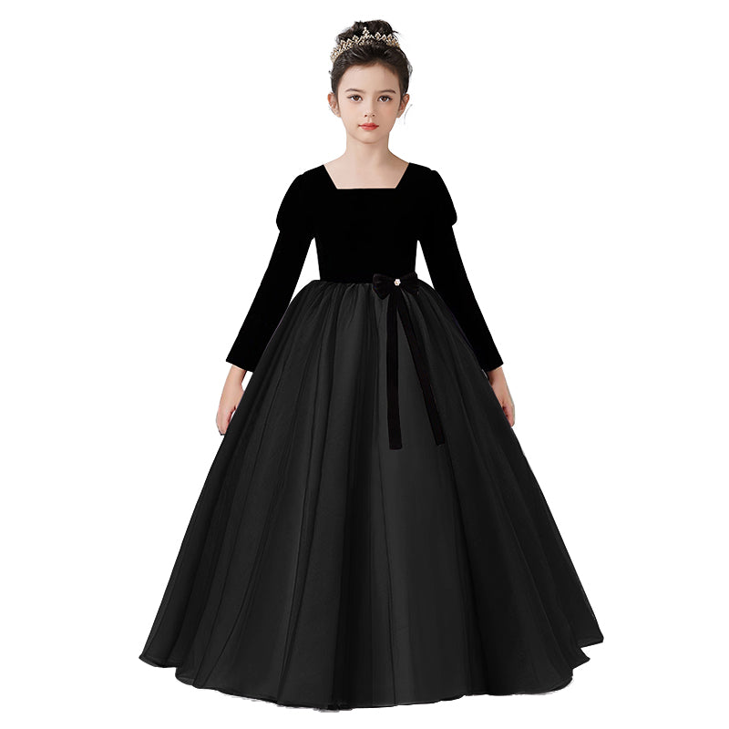 Velvet Tulle Flower Girl Dress for Wedding Girls First Communion Dress Long Sleeves Birthday Party Dress Prom Ball Gown