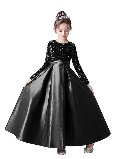 Crew Neck Long Sleeves Sequins Dresses Shining Flower Girls Dress Sparkling Piano Recital Dresses Elegant Satin Party Gown