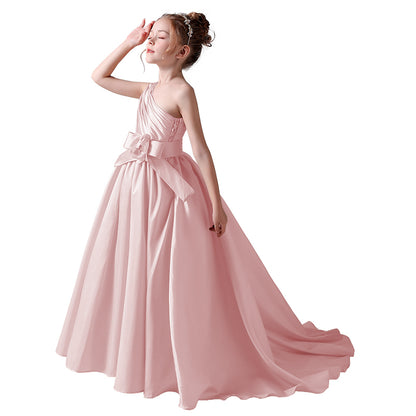 Girls Pageant Dresses One Shoulder Sleeveless Formal Satin Flower Girls Dress for Wedding Princess Ball Gown Flower Belt Dress