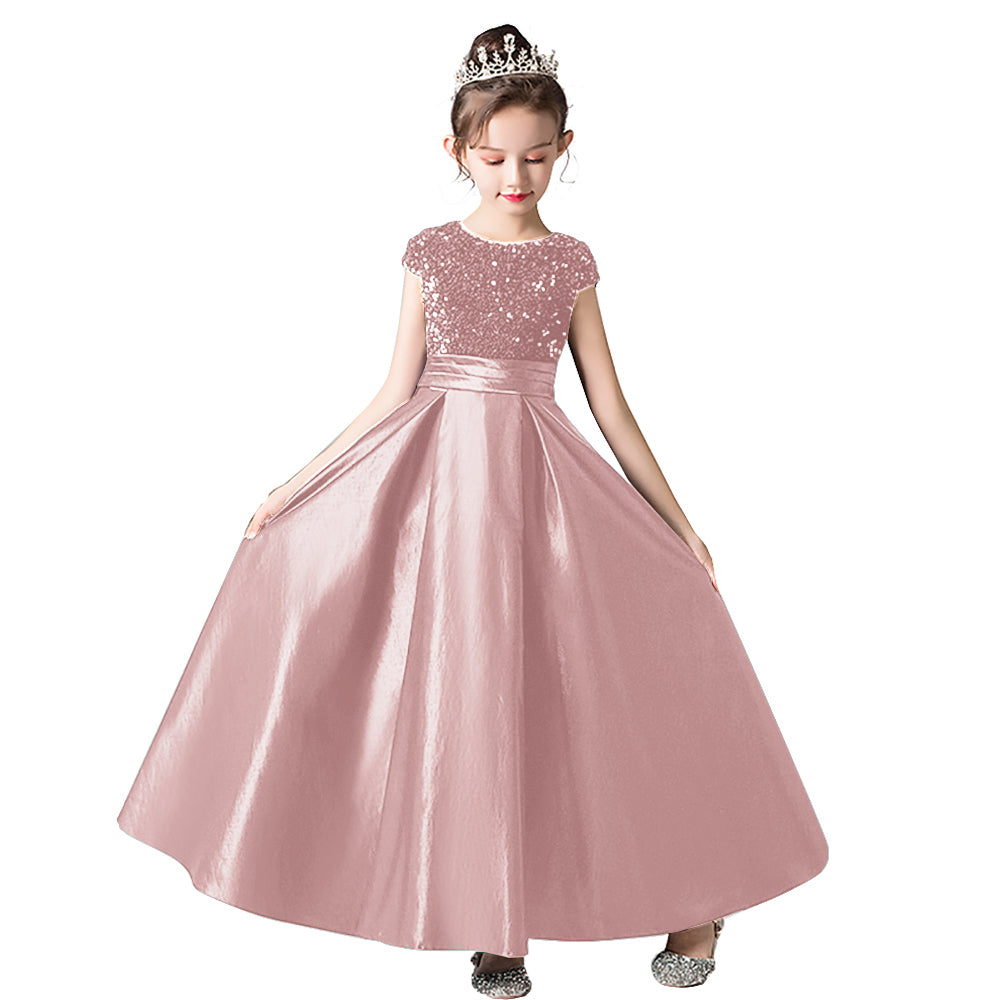 Satin Junior Bridesmaid Dresses Sequins Flower Girls Formal Crew Neck Pageant Dresses For Teens Satin Princess Brithday Party Dress