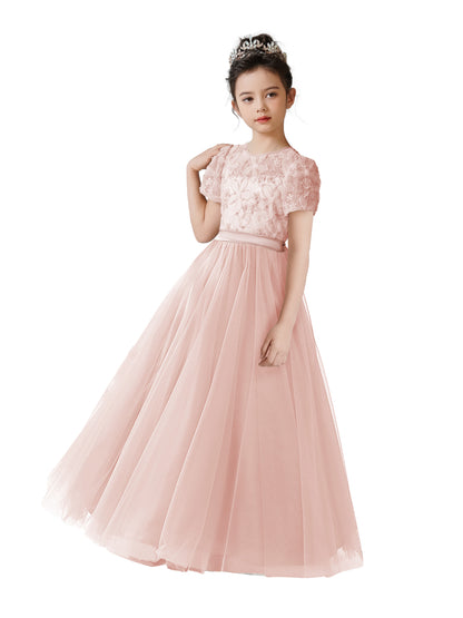 3D Flowers Embroidery Lace Appliqued Puff Tulle Wedding Guest Dress for Girls Tulle Puffy Sleeves Girls Birthday Party Dress