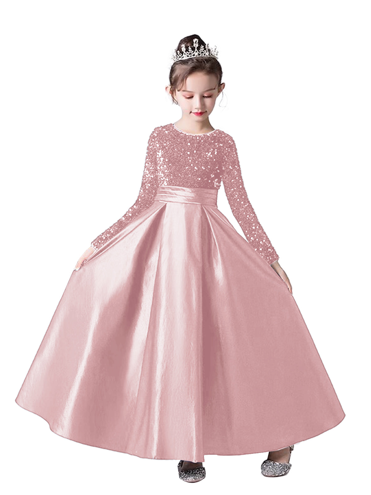 Crew Neck Long Sleeves Sequins Dresses Shining Flower Girls Dress Sparkling Piano Recital Dresses Elegant Satin Party Gown