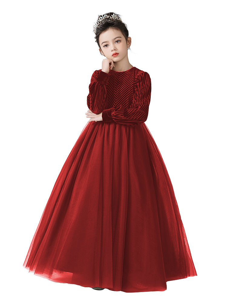 Girls Velvet Flower Girl Dress Elegant Formal Dress Lantern Long Sleeves Girls Birthday Party Dress