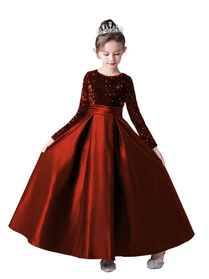 Crew Neck Long Sleeves Sequins Dresses Shining Flower Girls Dress Sparkling Piano Recital Dresses Elegant Satin Party Gown