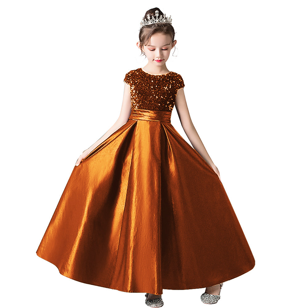 Satin Junior Bridesmaid Dresses Sequins Flower Girls Formal Crew Neck Pageant Dresses For Teens Satin Princess Brithday Party Dress