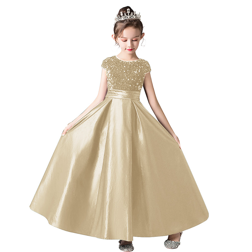 Satin Junior Bridesmaid Dresses Sequins Flower Girls Formal Crew Neck Pageant Dresses For Teens Satin Princess Brithday Party Dress