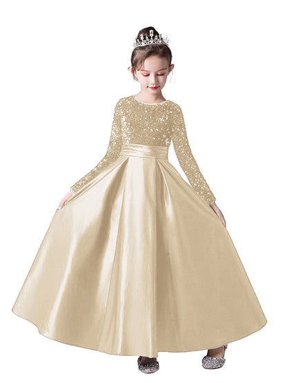 Crew Neck Long Sleeves Sequins Dresses Shining Flower Girls Dress Sparkling Piano Recital Dresses Elegant Satin Party Gown